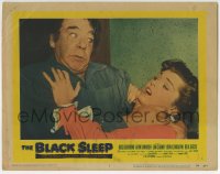 6m078 BLACK SLEEP LC #3 1956 close up of crazed Lon Chaney Jr. choking his Patricia Blair!