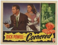 6m191 CORNERED LC 1946 scared Micheline Cheirel stands behind Dick Powell pointing gun!
