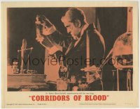6m193 CORRIDORS OF BLOOD LC #8 1963 Boris Karloff in laboratory experimenting with the new drug!