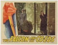 6m356 FALCON & THE CO-EDS LC 1943 Tom Conway waits to surprise Jean Brooks emerging onto patio!