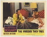 6m445 HARDER THEY FALL LC 1956 c/u of Humphrey Bogart on phone by sexy Jan Sterling in bed!