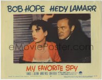 6m673 MY FAVORITE SPY LC #8 1951 close up of Bob Hope & sexy Hedy Lamarr hiding in barrel!