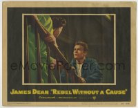 6m756 REBEL WITHOUT A CAUSE LC #7 1955 great close up of James Dean on stairs glaring at Ann Doran!