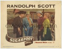 6m870 SUGARFOOT LC #6 1951 Randolph Scott & pretty Adele Jergens stare at Raymond Massey!