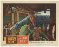 6m884 TALL MAN RIDING LC #8 1955 great close up of Randolph Scott fighting underneath a horse!