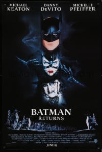 6r074 BATMAN RETURNS advance 1sh 1992 Burton, Keaton, DeVito, Pfeiffer, cool white date design!