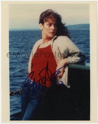 6s726 DEBRA WINGER signed color 8x10 REPRO still 1990s close up of the pretty actress on a boat!