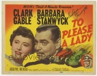 6s073 TO PLEASE A LADY signed TC 1950 by Barbara Stanwyck, who's with Clark Gable, race car art!
