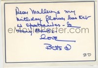 6s139 BETTE DAVIS signed 4x6 note card 1980s thanking David Mallery for birthday flowers he sent!