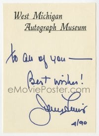 6s141 JERRY LEWIS signed 5x7 autograph page 1990 best wishes to the West Michigan Autograph Museum!