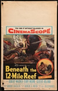 6t425 BENEATH THE 12-MILE REEF WC 1953 cool art of scuba divers fighting octopus & shark!