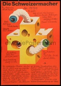 6y336 SWISSMAKERS East German 11x16 1980 different art of Swiss cheese and worms by Schallnau!