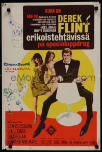 6y251 OUR MAN FLINT Finnish 1966 Bob Peak art of James Coburn, sexy James Bond spy spoof!