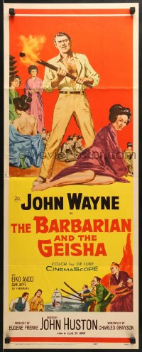 6z025 BARBARIAN & THE GEISHA insert 1958 John Huston, art of John Wayne with torch & Eiko Ando!