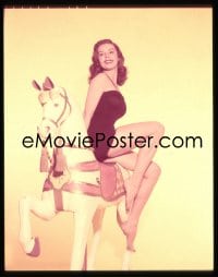 7a185 ELAINE STEWART 4x5 transparency 1950s sexy swimsuit portrait sitting on carousel horse!