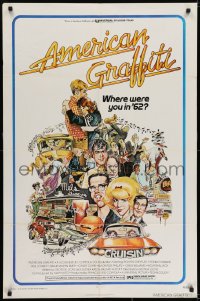 7b037 AMERICAN GRAFFITI 1sh 1973 George Lucas teen classic, Mort Drucker montage art of cast!