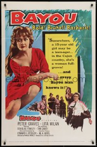 7b092 BAYOU 1sh 1957 Louisiana Cajun sex, Peter Graves, Bold! Brutal! Barbaric!