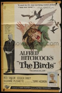 7b115 BIRDS 1sh 1963 director Alfred Hitchcock shown, Tippi Hedren, classic intense attack artwork!