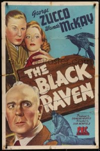 7b121 BLACK RAVEN 1sh 1943 art of George Zucco, Wanda McKay & Robert Livingston + bird on sign!