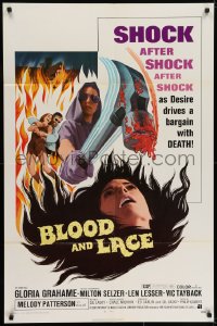 7b125 BLOOD & LACE 1sh 1971 AIP, gruesome horror image of wacky cultist w/bloody hammer!