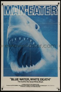 7b135 BLUE WATER, WHITE DEATH 1sh 1971 cool super close image of great white shark with open mouth!
