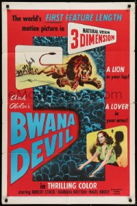 7b167 BWANA DEVIL 3D 1sh 1953 art of a lion & Barbara Britton reaching off the screen!