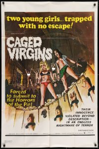 7b175 CAGED VIRGINS 1sh 1973 two sexy young girls trapped with no escape, great horror art!