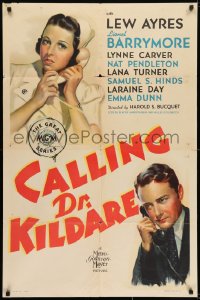 7b176 CALLING DR. KILDARE 1sh 1939 artwork of Lew Ayres talking to nurse Laraine Day on phone!