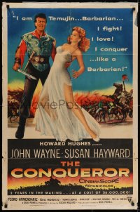 7b204 CONQUEROR style A 1sh 1956 barbarian John Wayne grabs half-dressed sexy Susan Hayward!