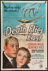 7b221 DEATH FLIES EAST white title style 1sh 1935 Nagel & Rice w/creepy hand reaching for plane!