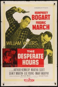 7b229 DESPERATE HOURS 1sh 1955 Humphrey Bogart attacks Fredric March from behind, William Wyler
