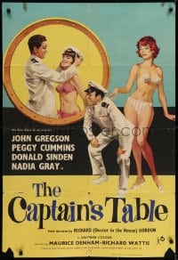 7b180 CAPTAIN'S TABLE English 1sh 1960 art of John Gregson & sexy Peggy Cummins on ocean cruise!