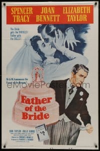 7b297 FATHER OF THE BRIDE 1sh R1962 art of Liz Taylor in wedding gown & broke Spencer Tracy!