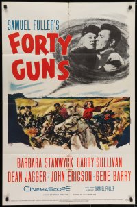 7b322 FORTY GUNS 1sh 1957 Samuel Fuller, art of Barbara Stanwyck & Barry Sullivan on horseback!