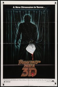 7b328 FRIDAY THE 13th PART 3 - 3D 1sh 1982 slasher sequel, art of Jason stabbing through shower!