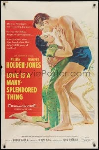 7b514 LOVE IS A MANY-SPLENDORED THING 1sh 1955 art of William Holden holding sexy Jennifer Jones!