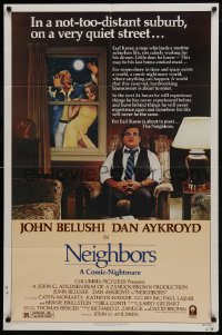 7b596 NEIGHBORS 1sh 1981 wacky image of John Belushi, Dan Aykroyd, Cathy Moriarty!