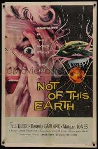 7b616 NOT OF THIS EARTH 1sh 1957 classic close up art of screaming girl & alien monster!
