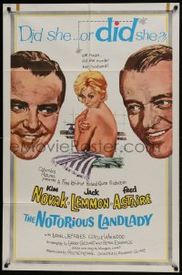 7b621 NOTORIOUS LANDLADY 1sh 1962 art of sexy Kim Novak between Jack Lemmon & Fred Astaire!