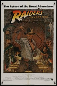 7b698 RAIDERS OF THE LOST ARK 1sh R1980s great art of adventurer Harrison Ford by Richard Amsel!