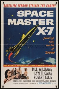 7b770 SPACE MASTER X-7 1sh 1958 satellite terror strikes the Earth, cool art of rocket ship!