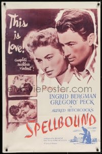 7b772 SPELLBOUND 1sh R1956 images of Alfred Hitchcock, Ingrid Bergman & Gregory Peck!