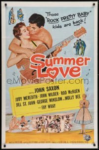 7b813 SUMMER LOVE 1sh 1958 very young John Saxon plays guitar with pretty girl on beach!