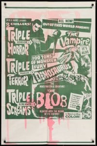 7b914 VAMPIRE/DINOSAURUS/BLOB 1sh 1971 B movie chiller horror triple bill, cool artwork!