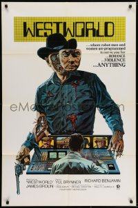 7b936 WESTWORLD int'l 1sh 1973 Crichton, cool art of cyborg cowboy Yul Brynner by Neal Adams!