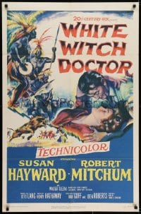 7b947 WHITE WITCH DOCTOR 1sh 1953 art of Susan Hayward & Robert Mitchum in African jungle!