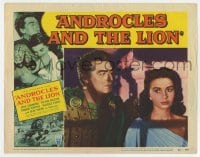 7c291 ANDROCLES & THE LION LC #8 1952 close up of Jean Simmons & Victor Mature in the shadows!