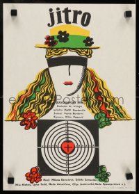 7f274 MORNING Czech 11x16 1968 Jutro, art of blindfolded woman w/target around heart!