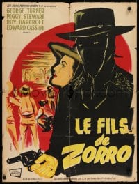 7f087 SON OF ZORRO French 24x31 1956 cool art of the masked hero with gun by Jean-Claude Trambouze!