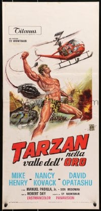 7f918 TARZAN & THE VALLEY OF GOLD Italian locandina 1970 wild art of Mike Henry swinging grenades!